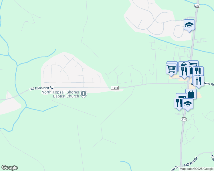 map of restaurants, bars, coffee shops, grocery stores, and more near 262 Breakwater Drive in Sneads Ferry