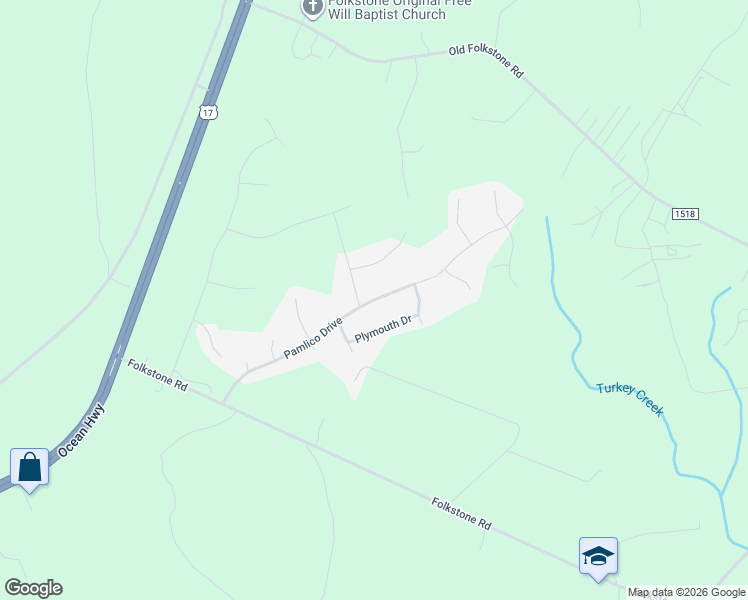 map of restaurants, bars, coffee shops, grocery stores, and more near Pamlico Drive in Holly Ridge