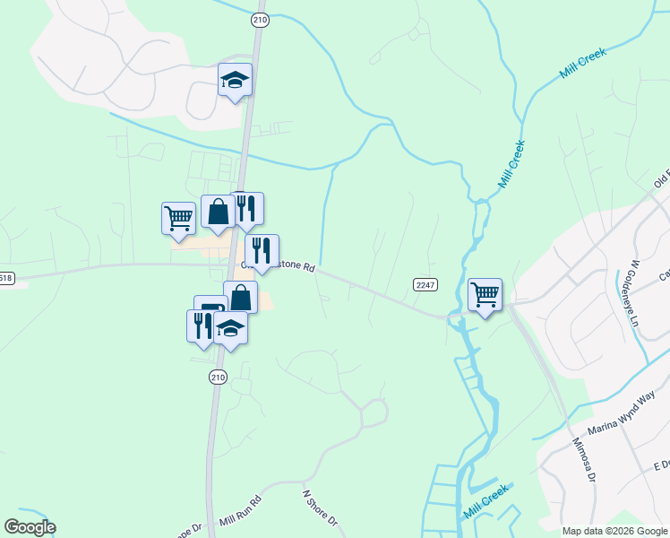 map of restaurants, bars, coffee shops, grocery stores, and more near 1052 Old Folkstone Road in Sneads Ferry