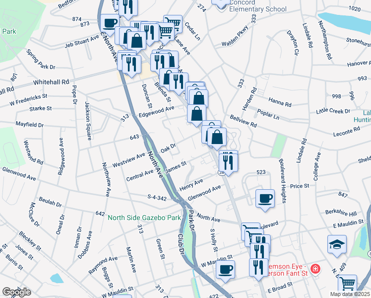 map of restaurants, bars, coffee shops, grocery stores, and more near 202 James Street in Anderson