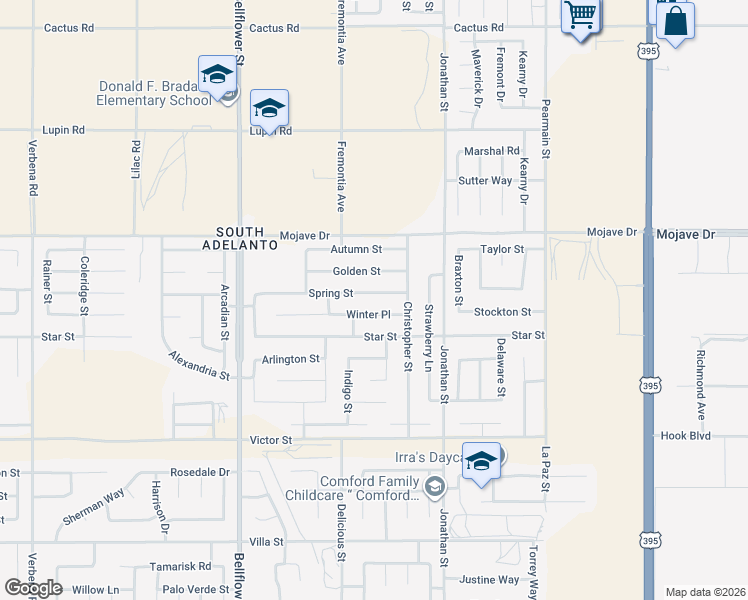 map of restaurants, bars, coffee shops, grocery stores, and more near 11565 Spring Street in Adelanto