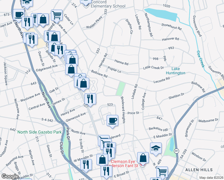 map of restaurants, bars, coffee shops, grocery stores, and more near 2104 Boulevard Heights in Anderson