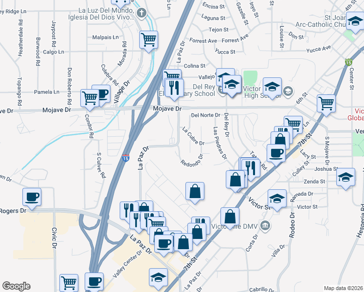 map of restaurants, bars, coffee shops, grocery stores, and more near 15118 Prado Court in Victorville