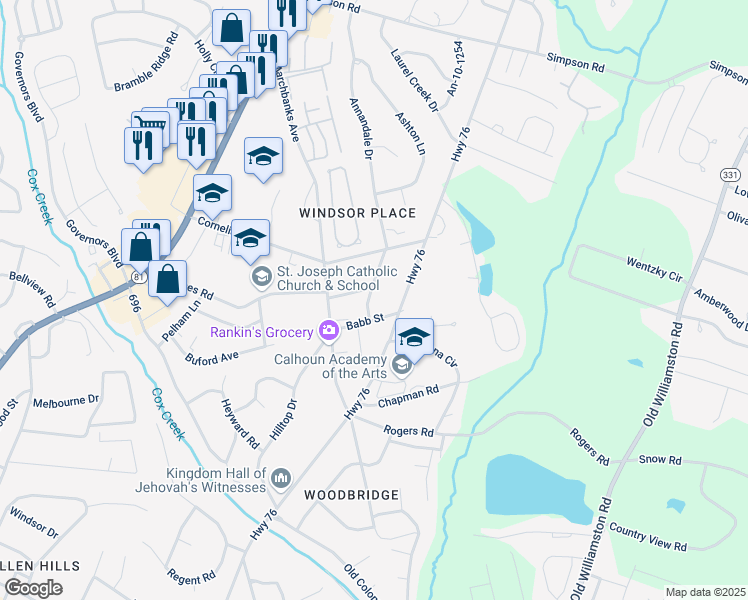 map of restaurants, bars, coffee shops, grocery stores, and more near 2106 Rush Street in Anderson