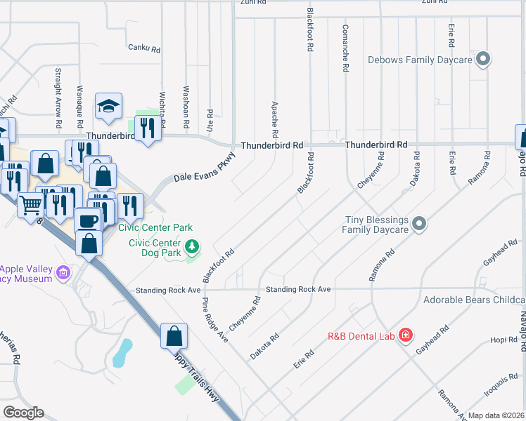 map of restaurants, bars, coffee shops, grocery stores, and more near 15080 Blackfoot Road in Apple Valley