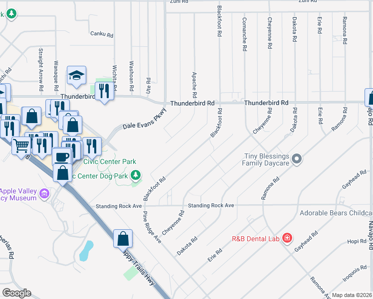 map of restaurants, bars, coffee shops, grocery stores, and more near 15100 Blackfoot Road in Apple Valley