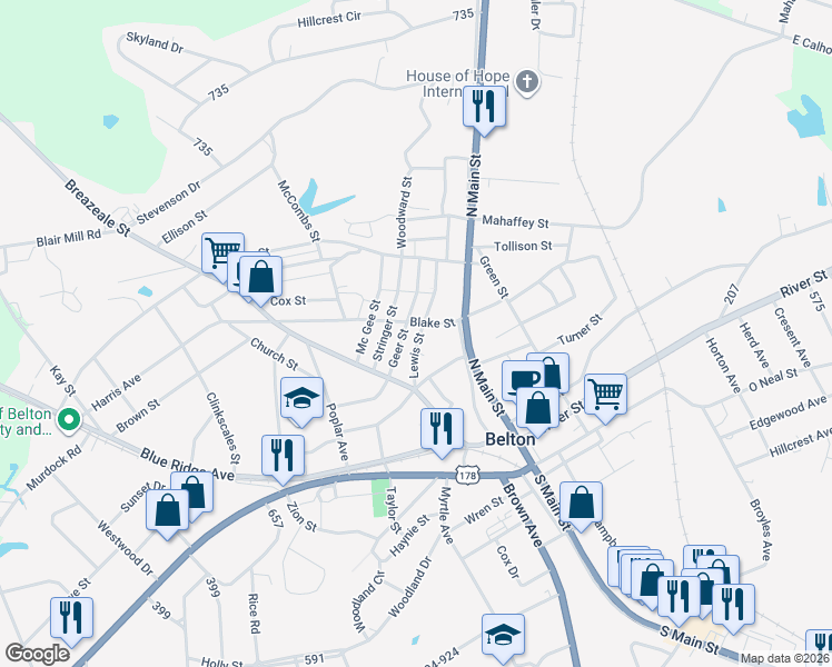 map of restaurants, bars, coffee shops, grocery stores, and more near 12 Stringer Street in Belton