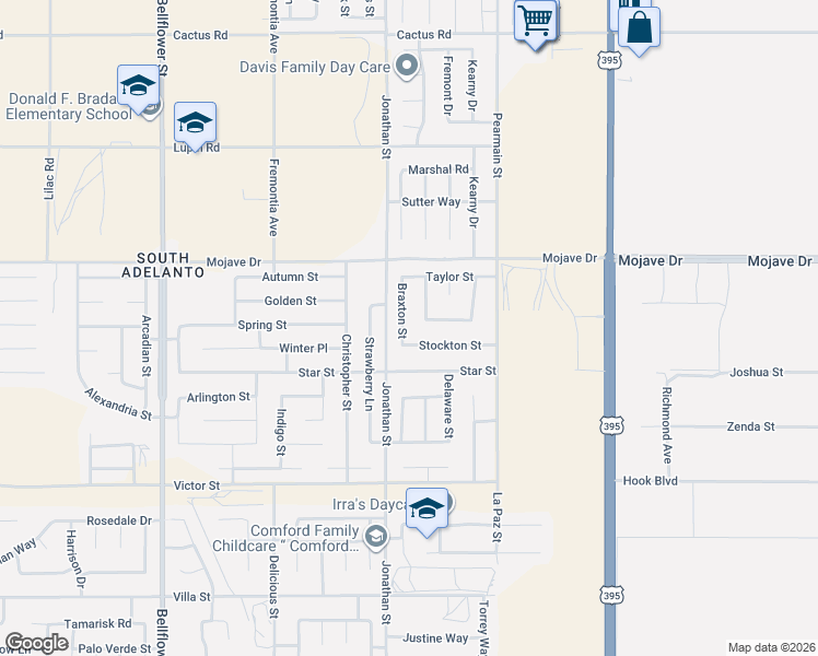 map of restaurants, bars, coffee shops, grocery stores, and more near 15177 Braxton Street in Adelanto