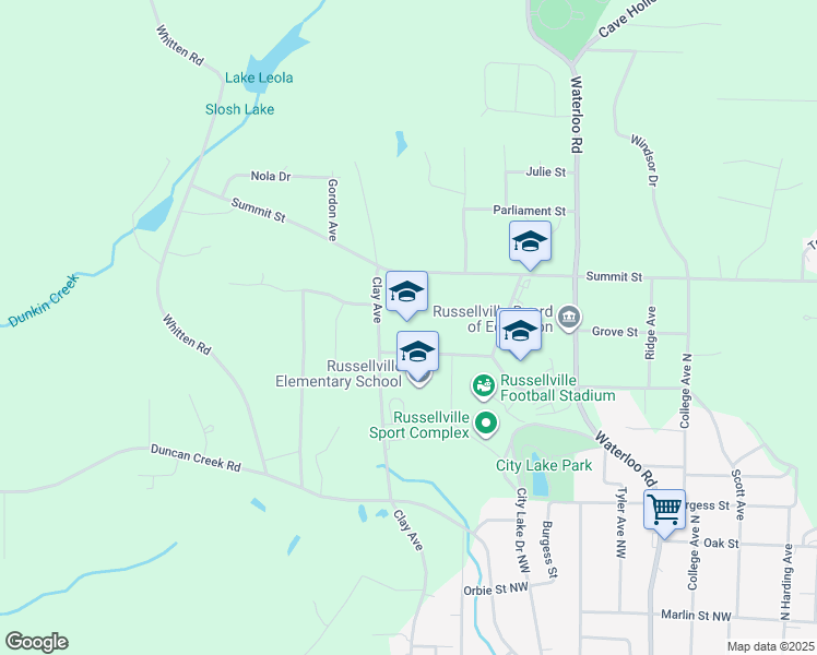 map of restaurants, bars, coffee shops, grocery stores, and more near 1340 Clay Avenue in Russellville