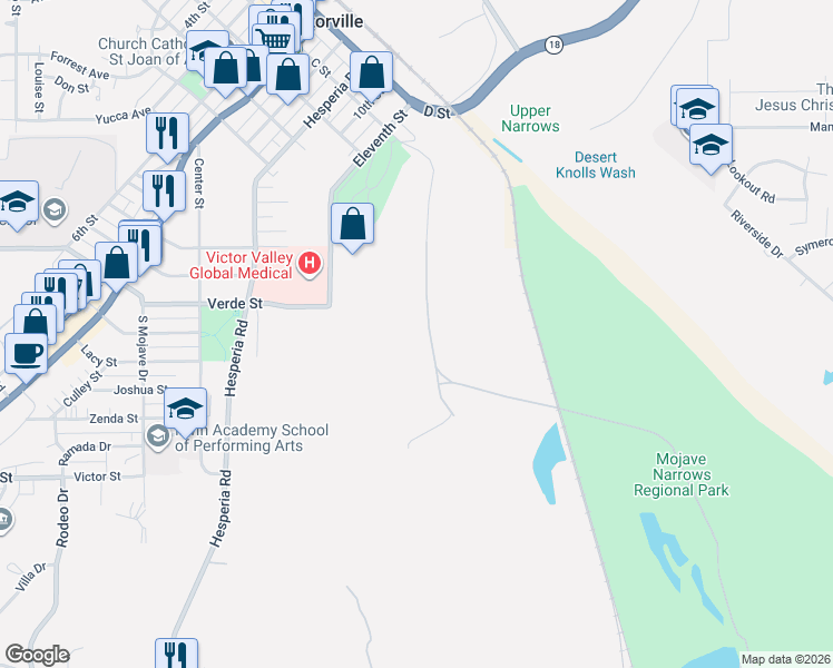 map of restaurants, bars, coffee shops, grocery stores, and more near 15130-15442 Kemper Campbell Ranch Road in Victorville