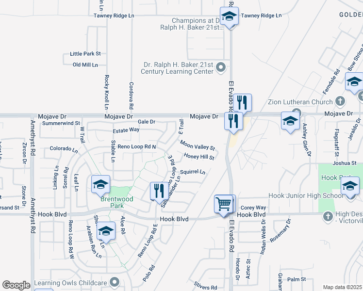 map of restaurants, bars, coffee shops, grocery stores, and more near 14331 Moon Valley Street in Victorville