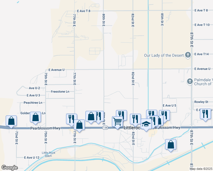 map of restaurants, bars, coffee shops, grocery stores, and more near 35536 80th Street East in Littlerock