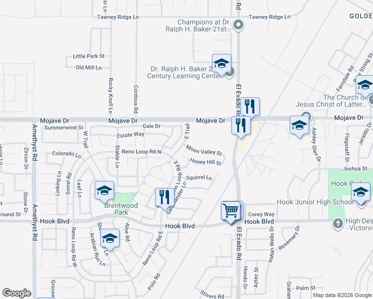 map of restaurants, bars, coffee shops, grocery stores, and more near 14323 Moon Valley Street in Victorville