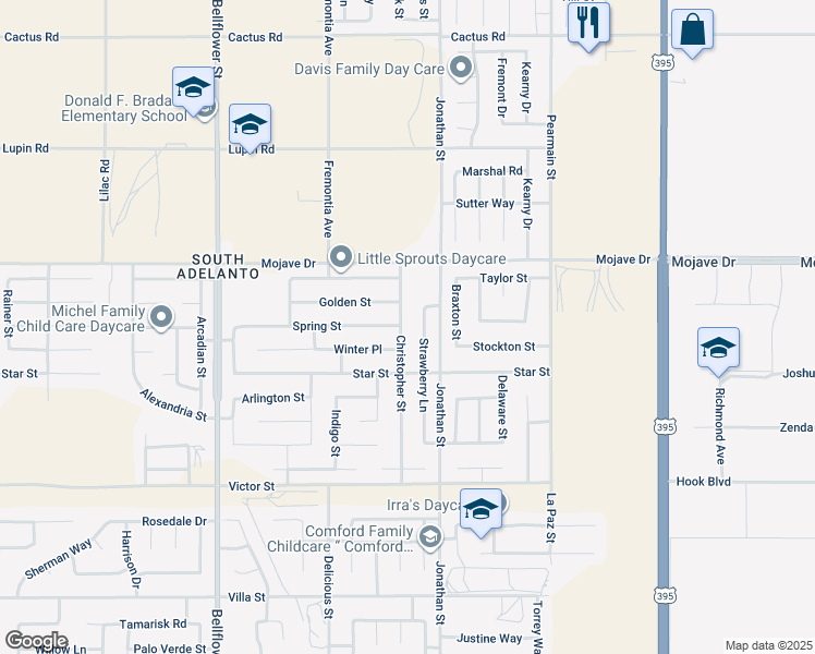 map of restaurants, bars, coffee shops, grocery stores, and more near 15181 Christopher Street in Adelanto