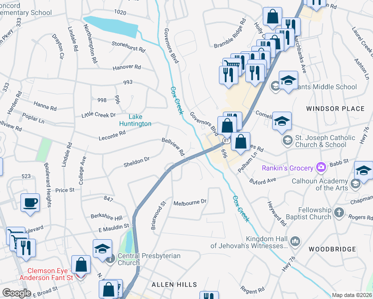 map of restaurants, bars, coffee shops, grocery stores, and more near 103 Mcleod Drive in Anderson