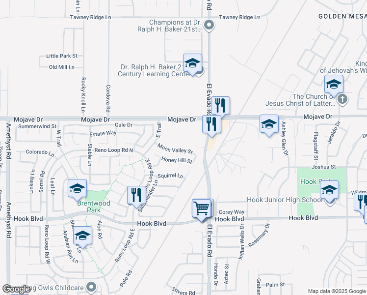 map of restaurants, bars, coffee shops, grocery stores, and more near 14444 Moon Valley Street in Victorville