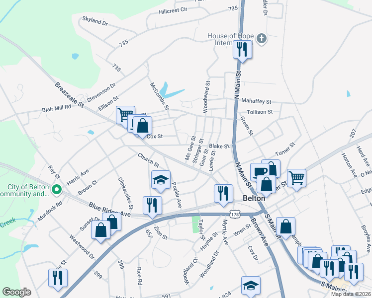 map of restaurants, bars, coffee shops, grocery stores, and more near 13 Mc Gee Street in Belton