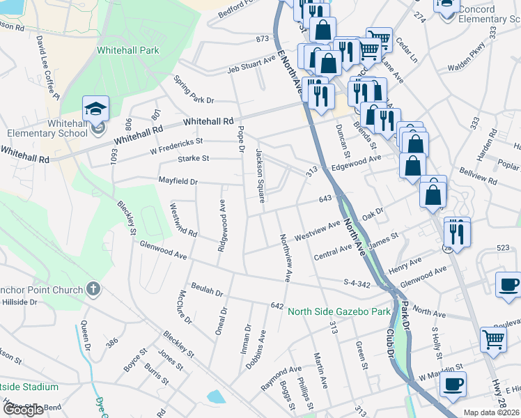 map of restaurants, bars, coffee shops, grocery stores, and more near 2503 Jackson Square in Anderson