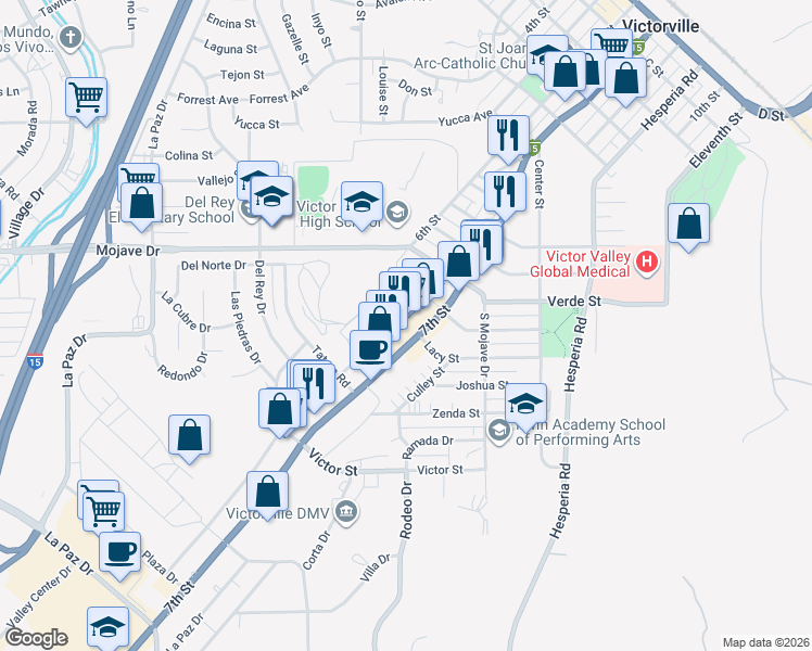 map of restaurants, bars, coffee shops, grocery stores, and more near 15080 Seventh Street in Victorville