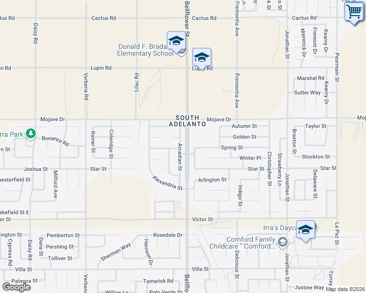 map of restaurants, bars, coffee shops, grocery stores, and more near 15193 Arcadian Street in Adelanto