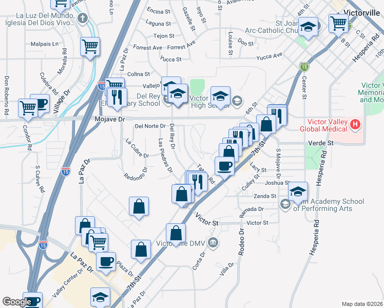 map of restaurants, bars, coffee shops, grocery stores, and more near 15055 Tatum Road in Victorville