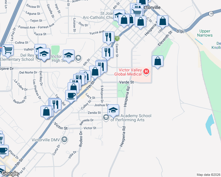 map of restaurants, bars, coffee shops, grocery stores, and more near 16762 Merrill Street in Victorville