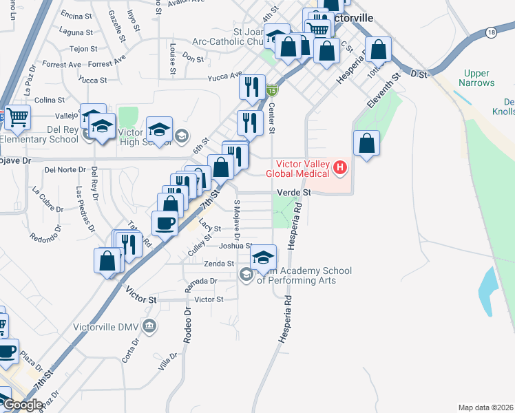 map of restaurants, bars, coffee shops, grocery stores, and more near 16762 Merrill Street in Victorville