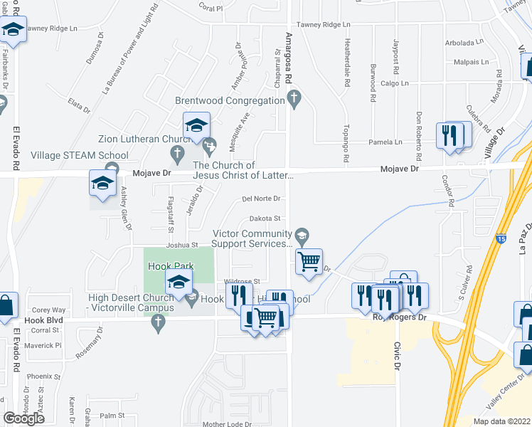 map of restaurants, bars, coffee shops, grocery stores, and more near 15258 Dakota Street in Victorville