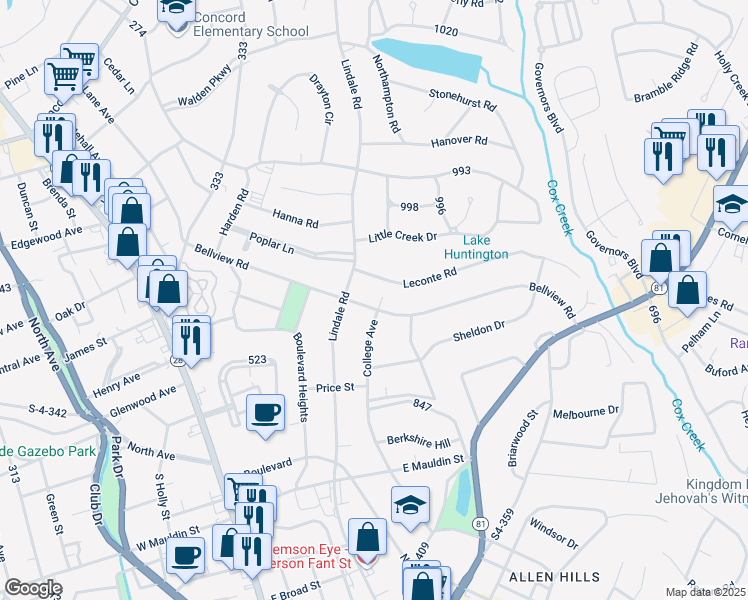 map of restaurants, bars, coffee shops, grocery stores, and more near 2607 Bellview Road in Anderson