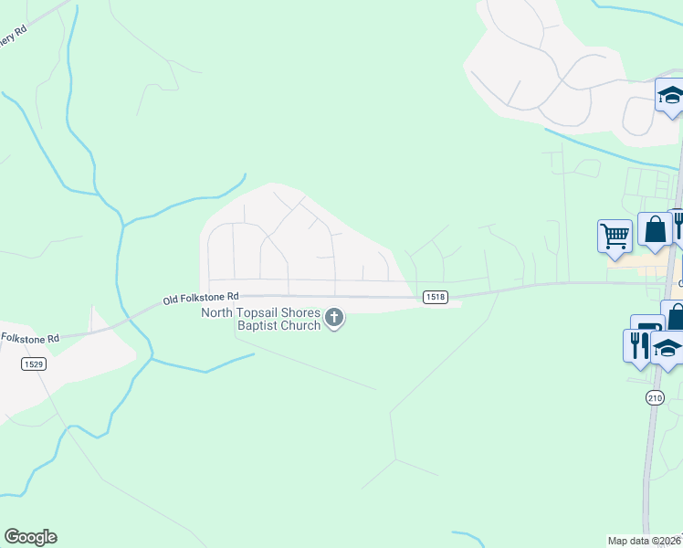 map of restaurants, bars, coffee shops, grocery stores, and more near 601 Great Harbor Court in Sneads Ferry