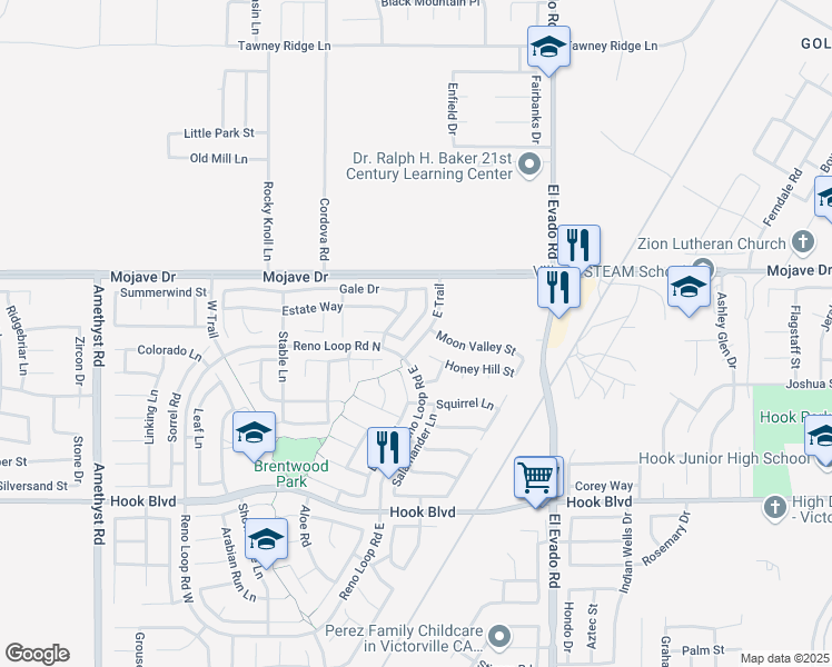 map of restaurants, bars, coffee shops, grocery stores, and more near 15201 Sunflower Lane in Victorville