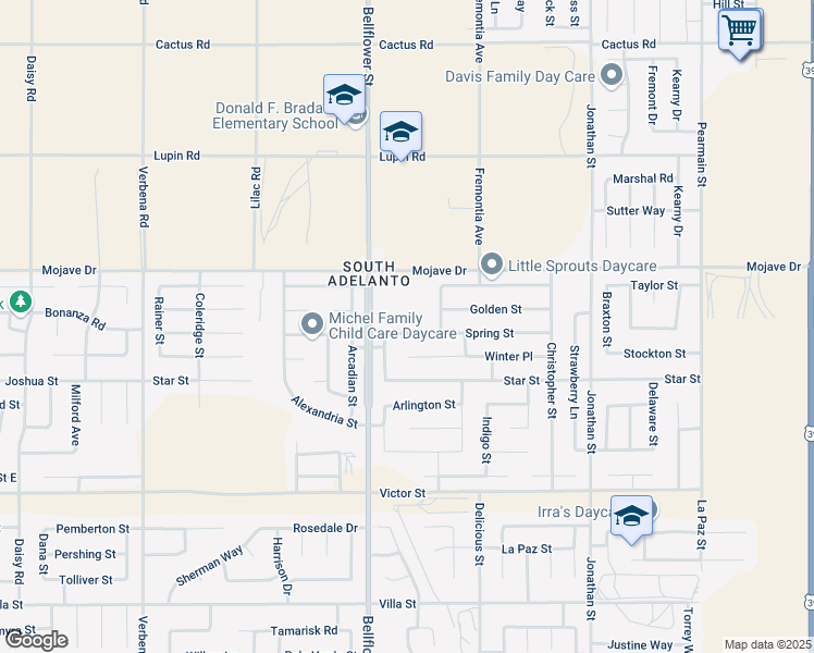 map of restaurants, bars, coffee shops, grocery stores, and more near 11370 Spring Street in Adelanto