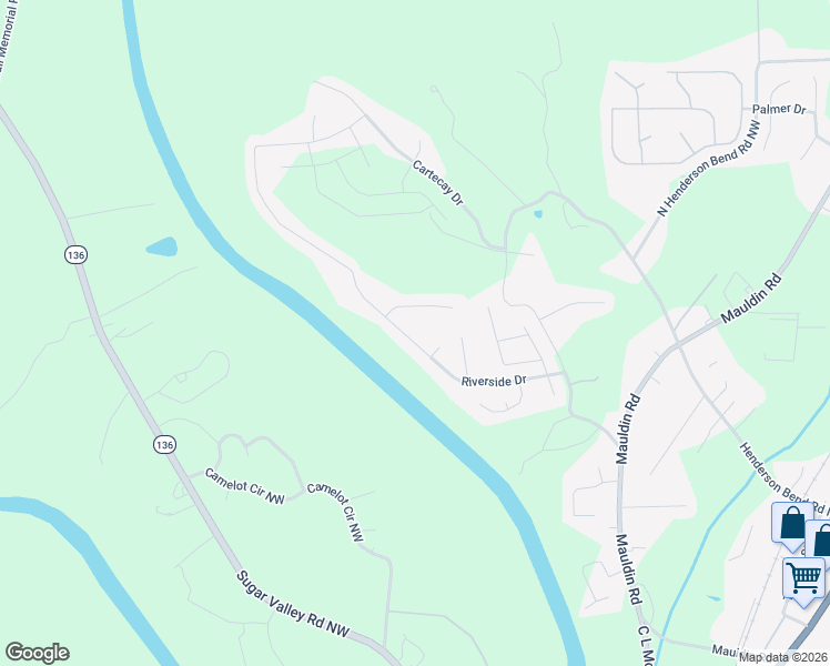 map of restaurants, bars, coffee shops, grocery stores, and more near 607 Riverside Drive in Calhoun