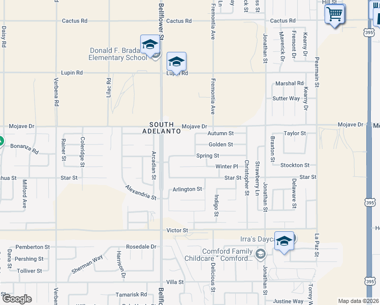 map of restaurants, bars, coffee shops, grocery stores, and more near 11445 Golden Street in Adelanto