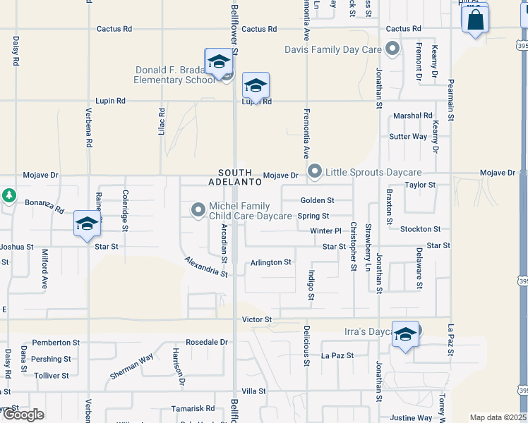 map of restaurants, bars, coffee shops, grocery stores, and more near 11370 Spring Street in Adelanto