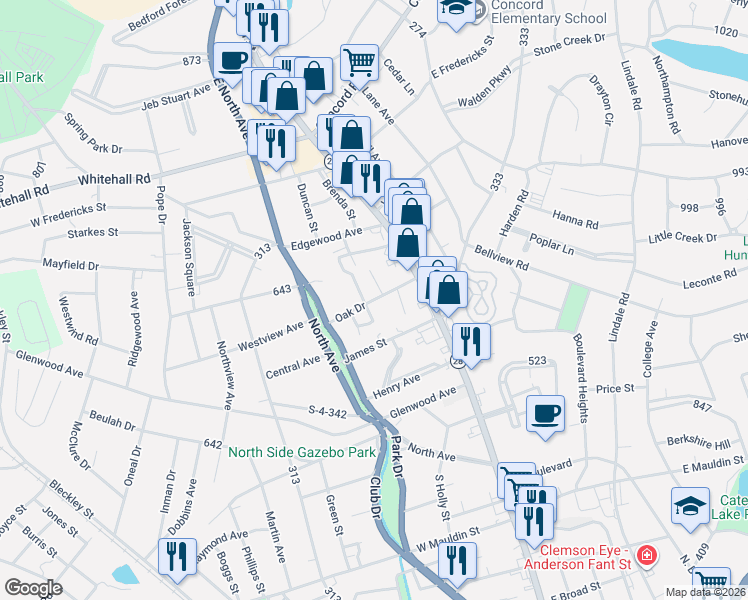 map of restaurants, bars, coffee shops, grocery stores, and more near 240 366 in Anderson