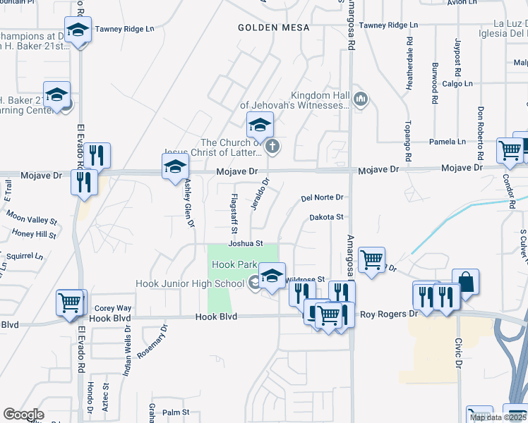 map of restaurants, bars, coffee shops, grocery stores, and more near 15192 San Jose Drive in Victorville