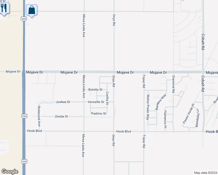 map of restaurants, bars, coffee shops, grocery stores, and more near 15137 Corlita Street in Victorville
