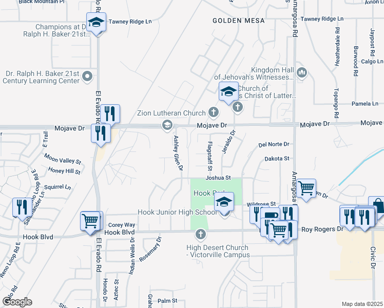 map of restaurants, bars, coffee shops, grocery stores, and more near 14918 Flagstaff Way in Victorville