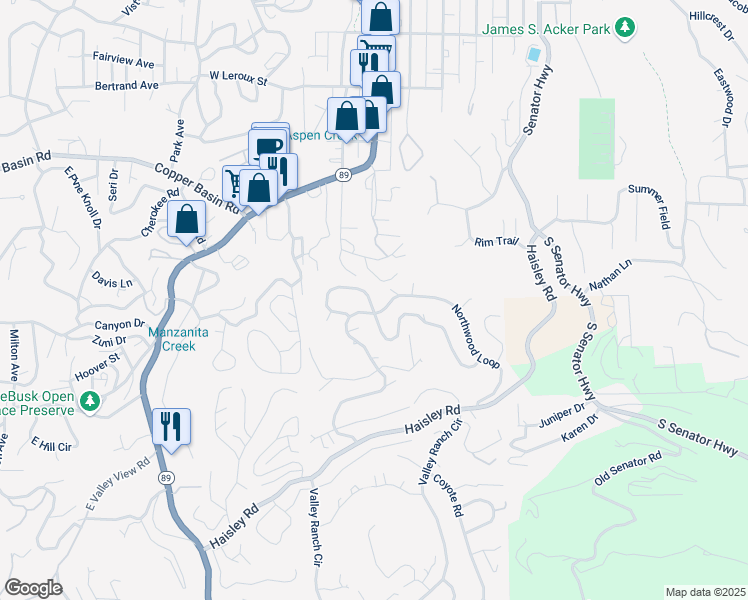 map of restaurants, bars, coffee shops, grocery stores, and more near 315 High Chaparral Loop in Prescott