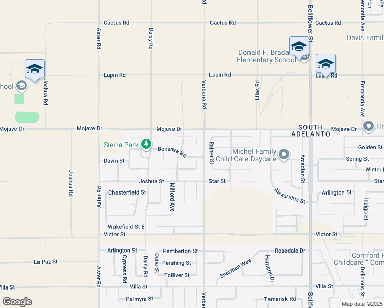 map of restaurants, bars, coffee shops, grocery stores, and more near 10852 Bonanza Road in Adelanto