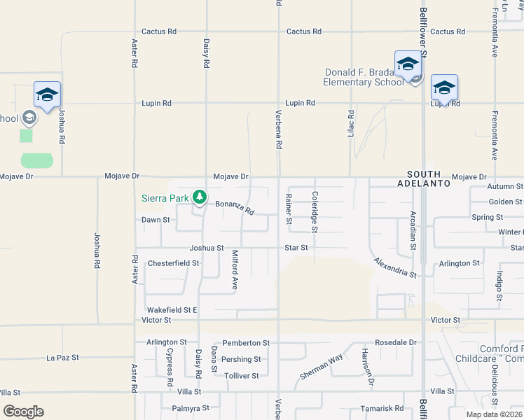 map of restaurants, bars, coffee shops, grocery stores, and more near 10852 Bonanza Road in Adelanto