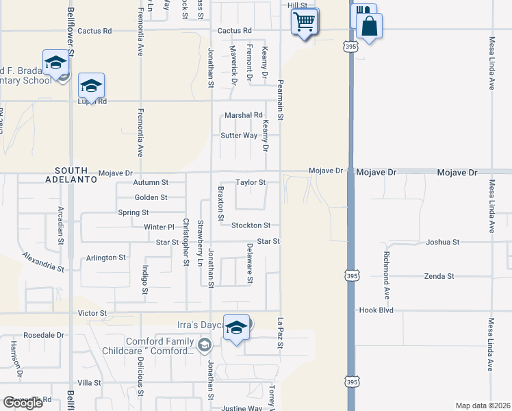 map of restaurants, bars, coffee shops, grocery stores, and more near 11800 Wolcott Street in Adelanto