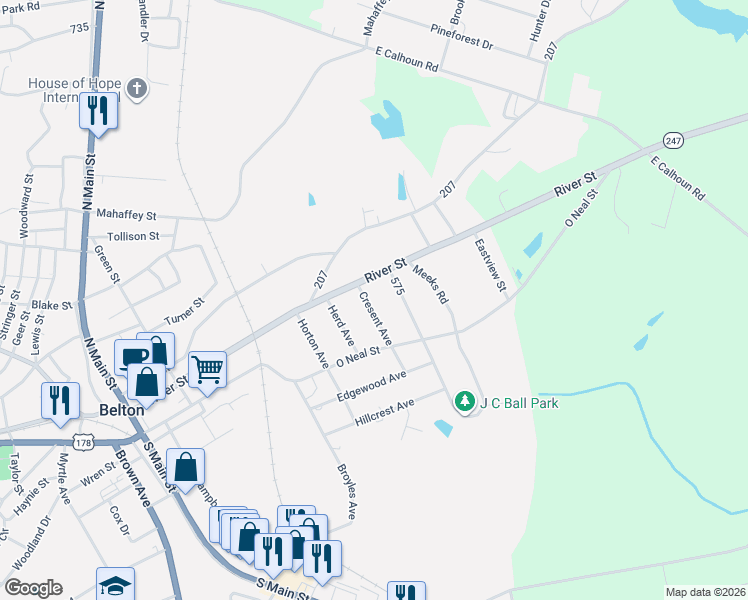 map of restaurants, bars, coffee shops, grocery stores, and more near 104 Cresent Avenue in Belton