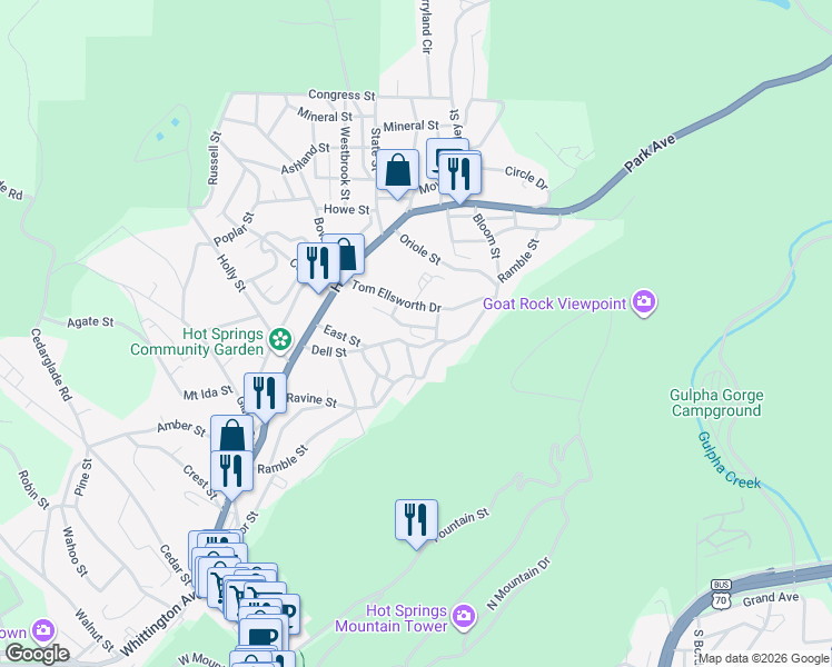 map of restaurants, bars, coffee shops, grocery stores, and more near 107 Hillcrest Street in Hot Springs