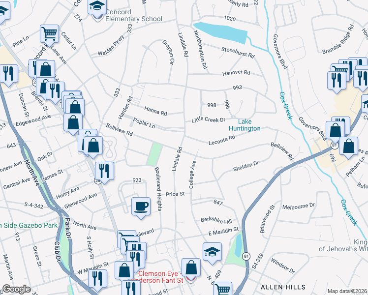 map of restaurants, bars, coffee shops, grocery stores, and more near 2601 Bellview Road in Anderson