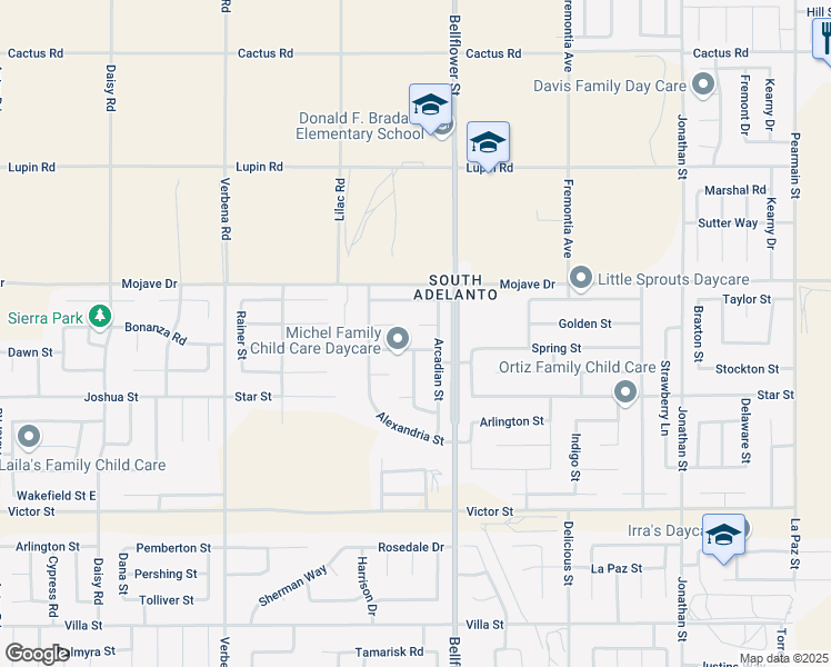map of restaurants, bars, coffee shops, grocery stores, and more near 11235 Meredith Street in Adelanto