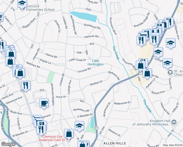 map of restaurants, bars, coffee shops, grocery stores, and more near 2811 Bellview Road in Anderson