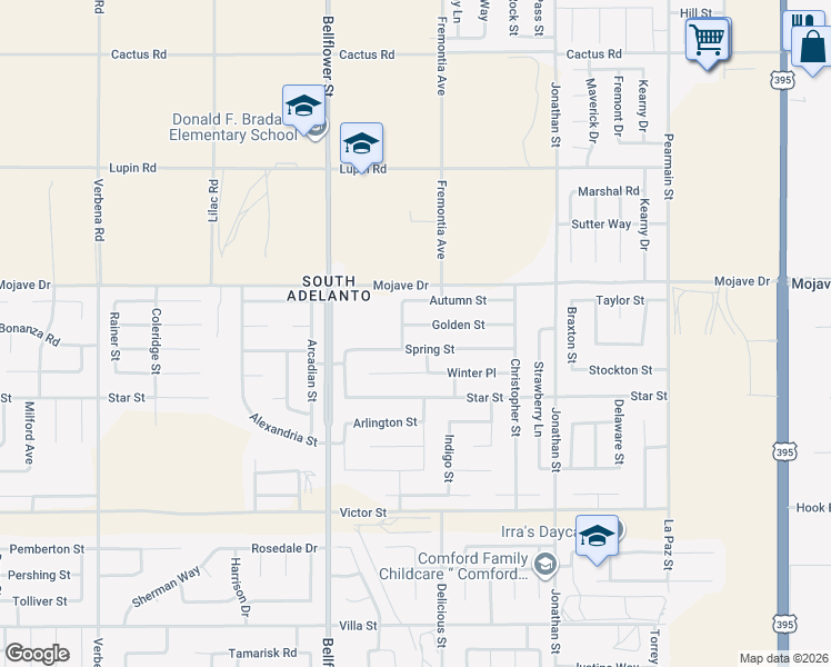 map of restaurants, bars, coffee shops, grocery stores, and more near 11465 Golden Street in Adelanto