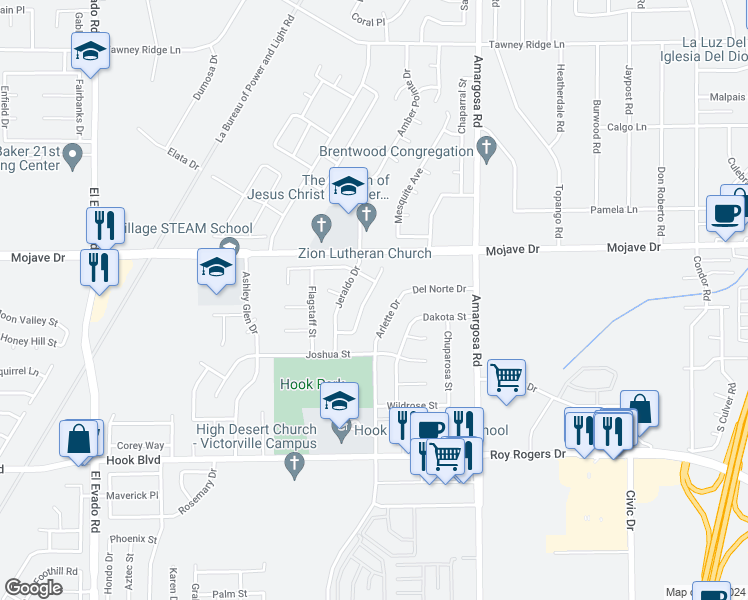 map of restaurants, bars, coffee shops, grocery stores, and more near 15211 San Jose Drive in Victorville